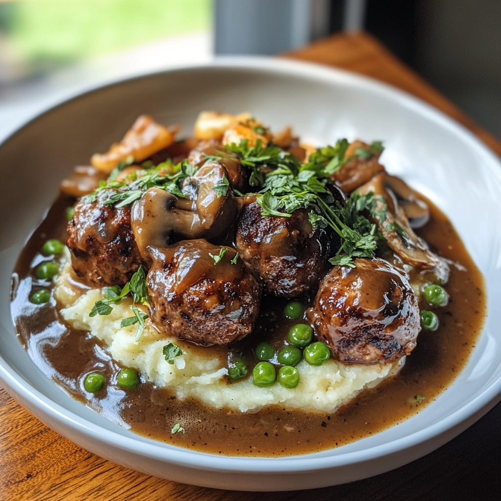 a bowl of meatballs and mashed potatoes with gravy