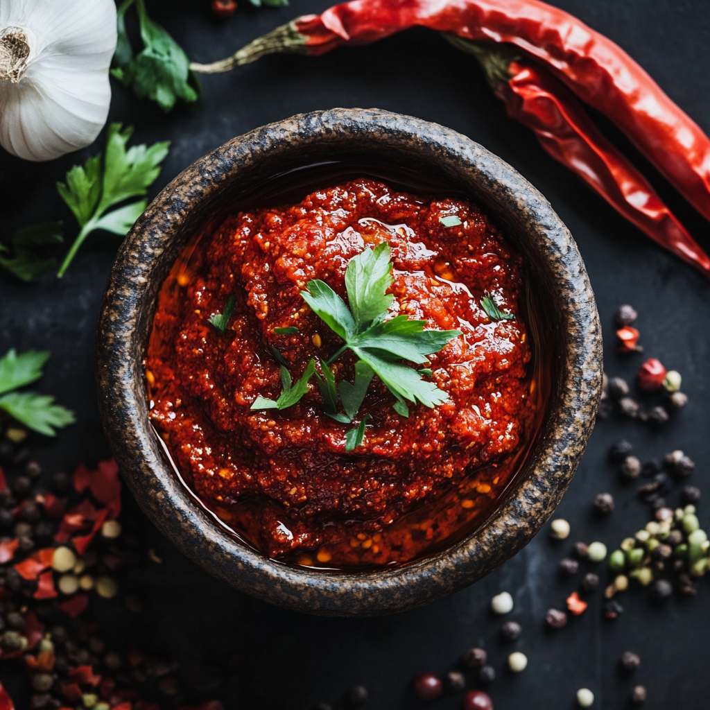 fermented harissa: a bowl of red sauce with herbs and spices
