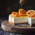 The image shows a creamy cheesecake on a crumbly crust, topped with orange slices and a drizzle of golden honey. It’s beautifully presented on a wooden board with a rustic, elegant vibe.